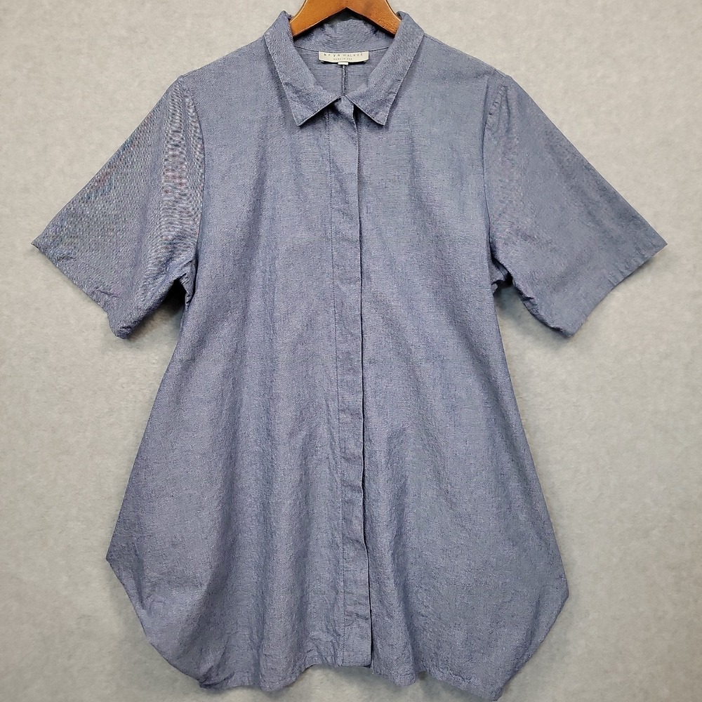 Bryn Walker Shirt Cotton Blue Cocoon Button Front Tunic Top‎ Sz M Pockets USA